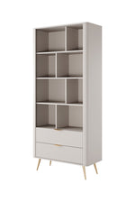 Beige bookcase with open cubby shelves and ribbed lower cabinet doors