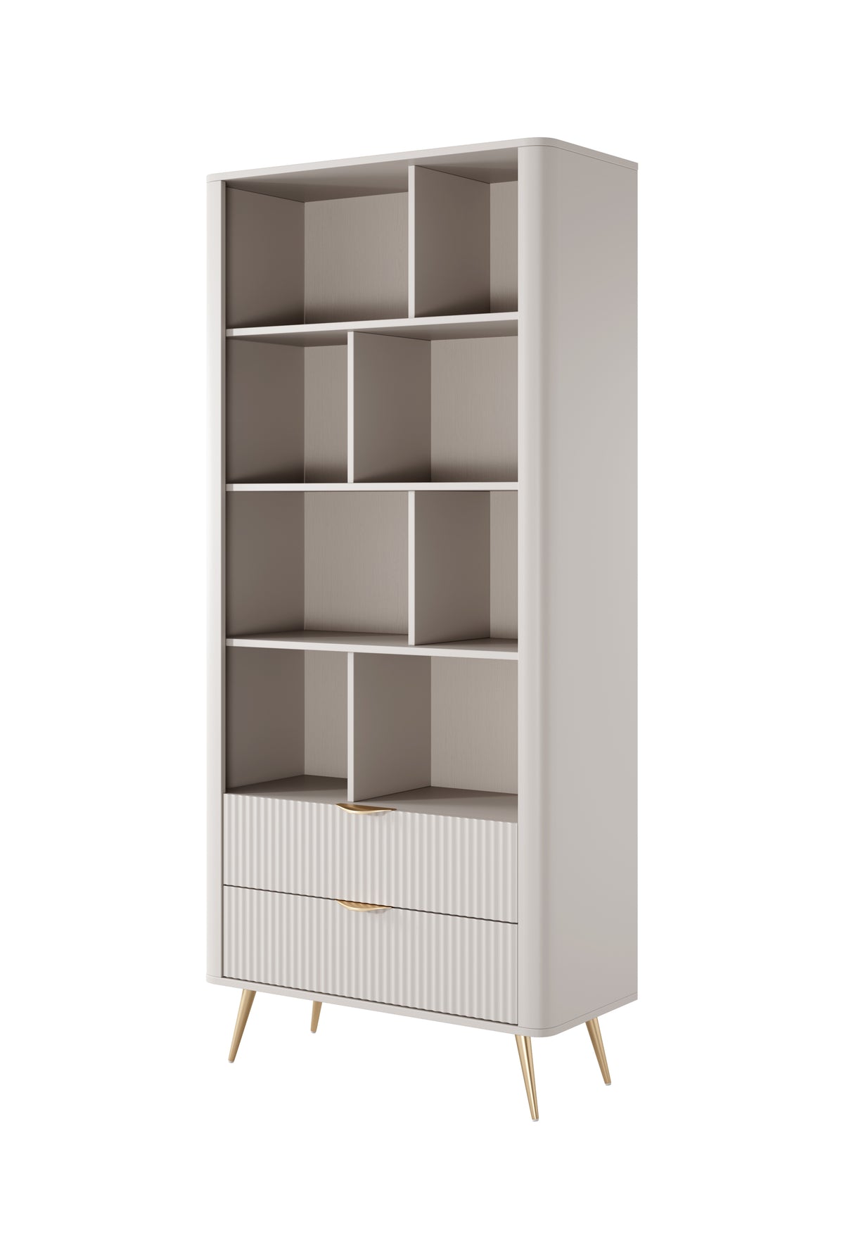 Beige bookcase with open cubby shelves and ribbed lower cabinet doors
