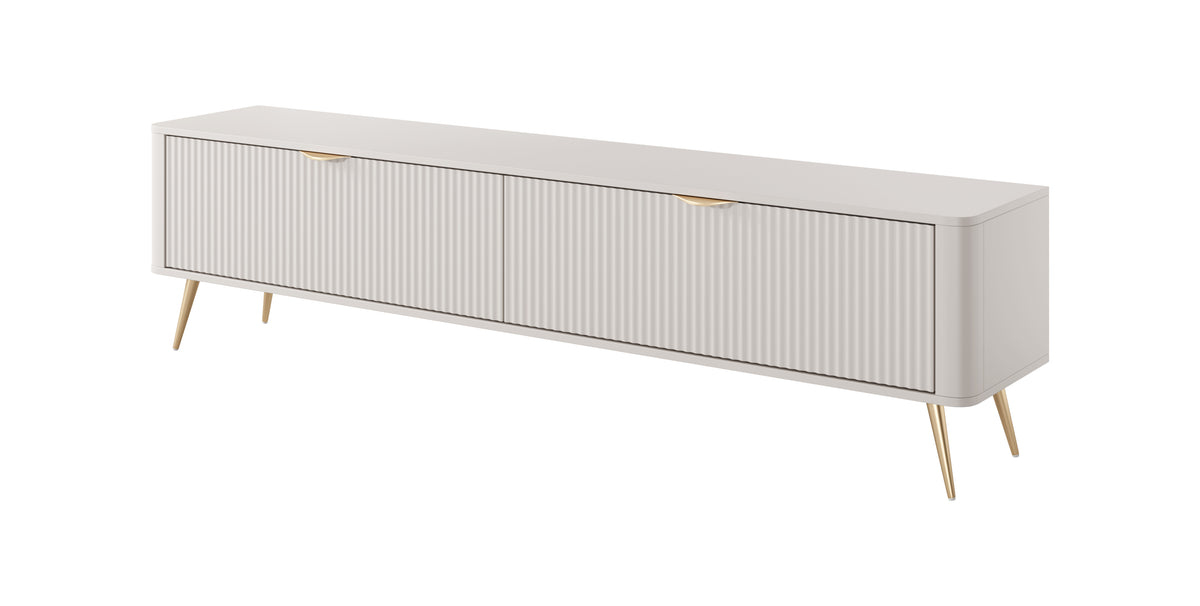 Beige TV cabinet with long ribbed drawer and angled side profile
