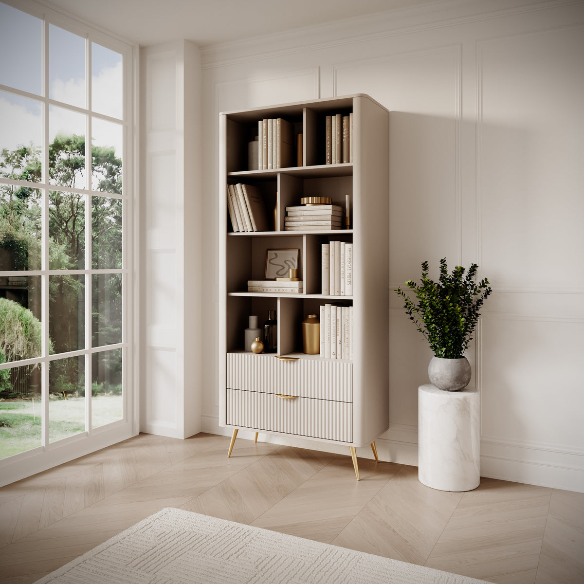 Light beige bookcase with open shelves and ribbed lower doors in a bright room