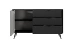 Black sideboard with open left compartment and two drawers, ribbed doors, gold-tone handles