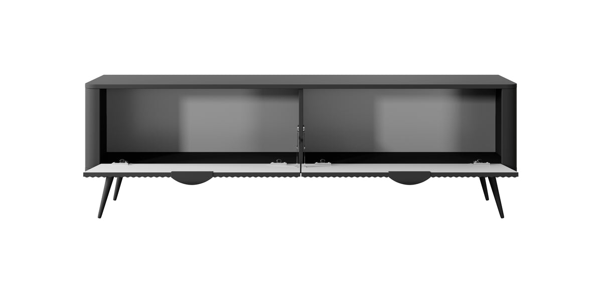 Black TV cabinet with open center storage and tapered legs