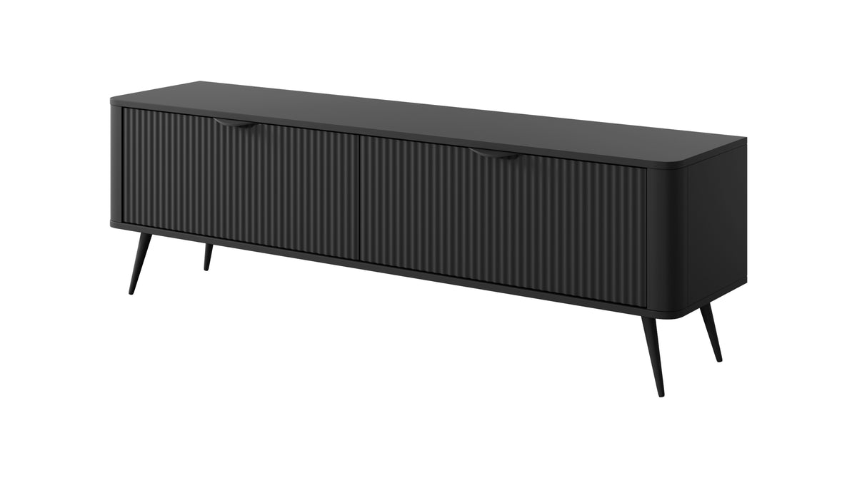 Black TV cabinet with ribbed doors and tapered legs
