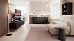 Black TV cabinet with two ribbed drawer fronts and tapered wooden legs