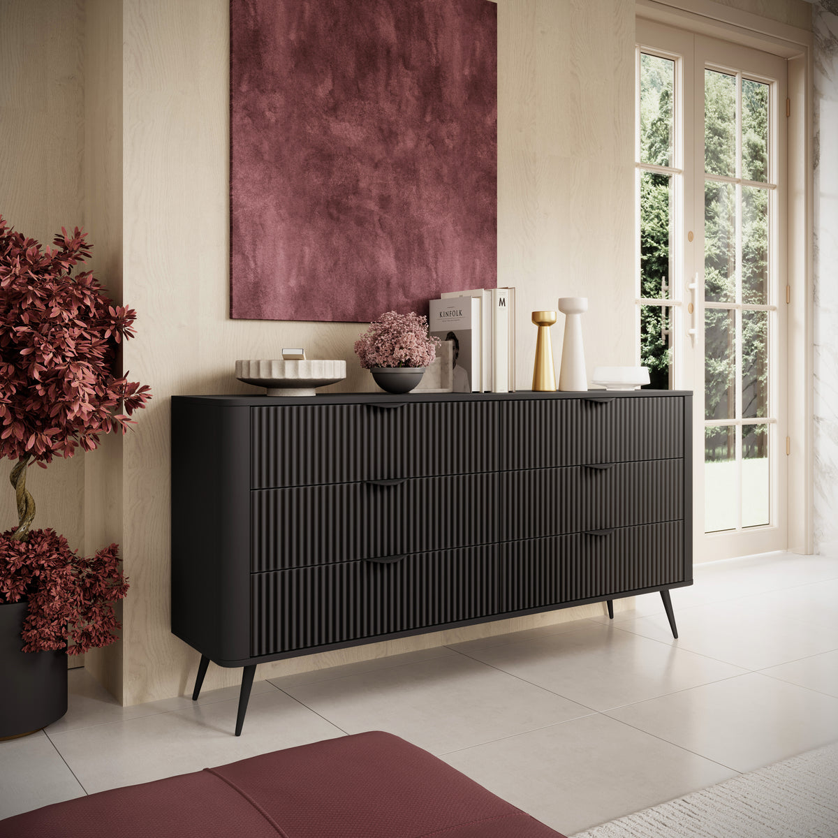 Matte black ribbed sideboard with two drawers and angled legs