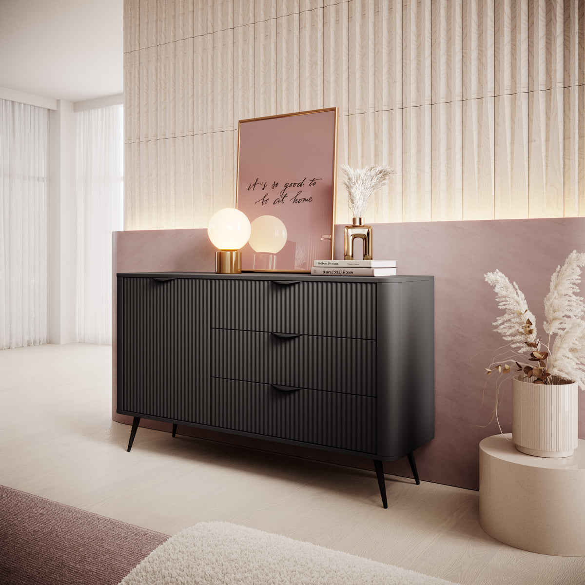 Black ribbed sideboard with two drawers and cabinet doors, gold-tone handles, angled legs