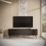 Black ribbed TV console with tapered legs and integrated cabinet storage