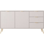 Beige ribbed sideboard with two drawers and gold bar handles, tapered legs