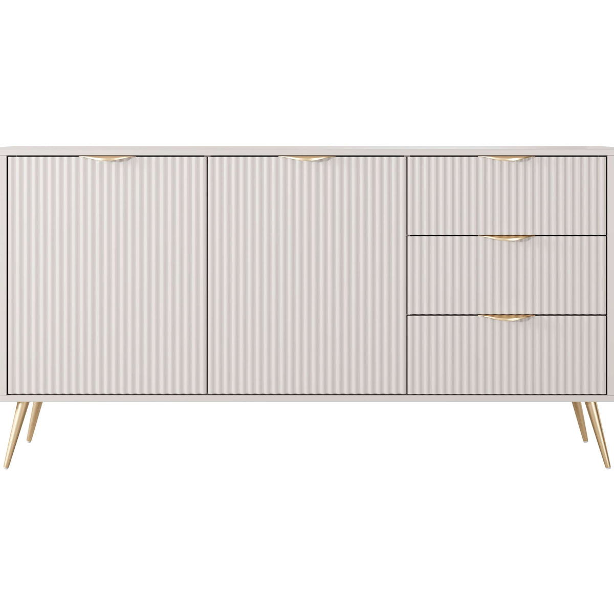Beige ribbed sideboard with two drawers and gold bar handles, tapered legs