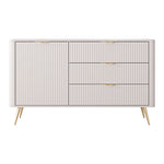 Beige ribbed sideboard cabinet with two drawers and one door compartment, gold handles