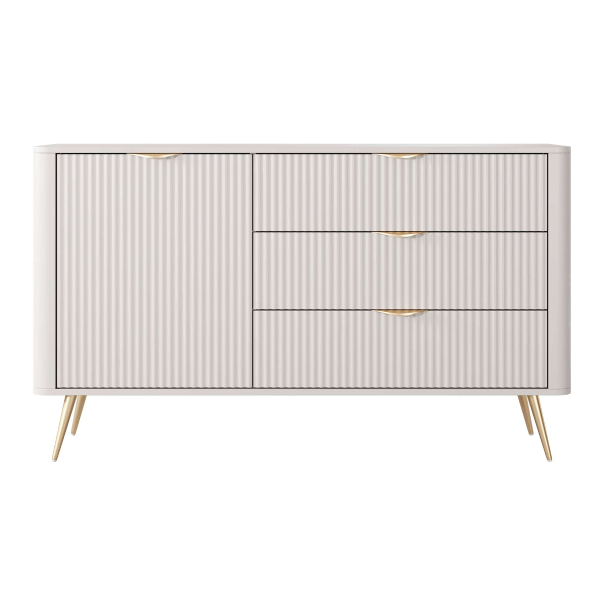 Beige ribbed sideboard cabinet with two drawers and one door compartment, gold handles