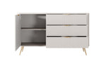 Beige sideboard with open left storage, two drawers on right, ribbed panels, gold pulls