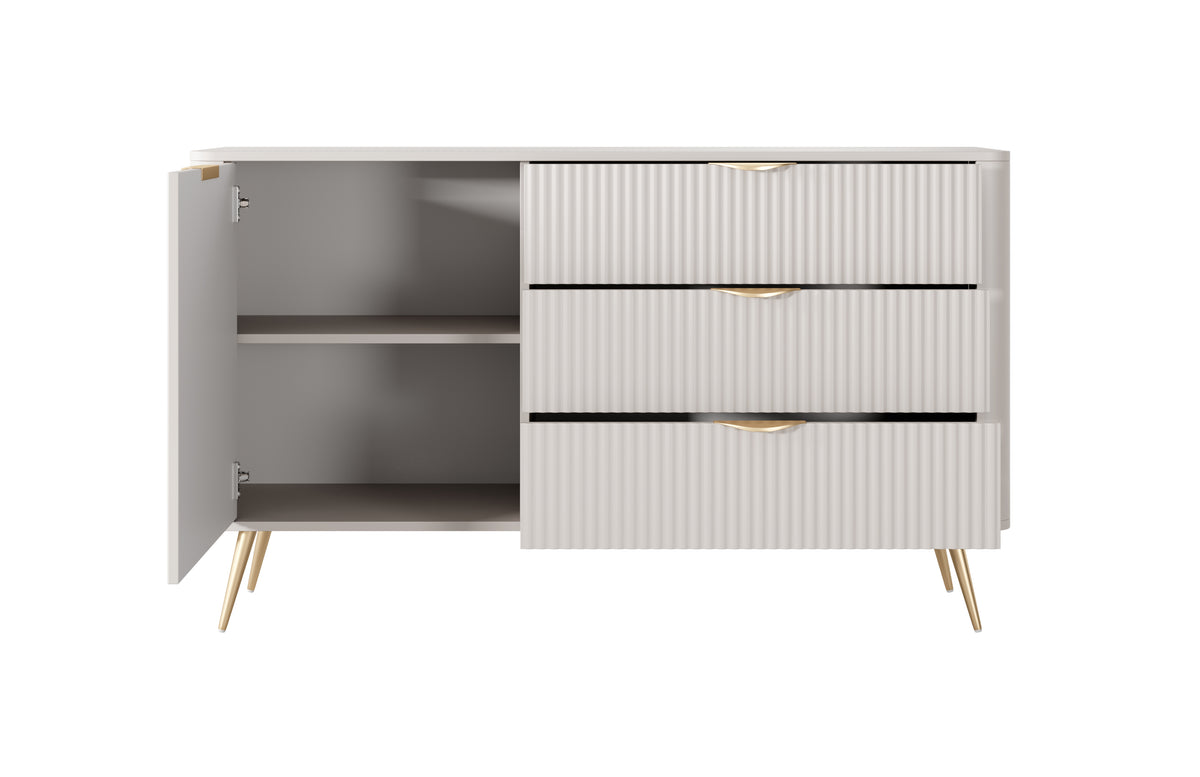 Beige sideboard with open left storage, two drawers on right, ribbed panels, gold pulls