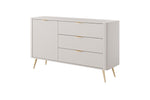 Beige sideboard cabinet with ribbed doors and two drawers, brushed gold handles, tapered legs