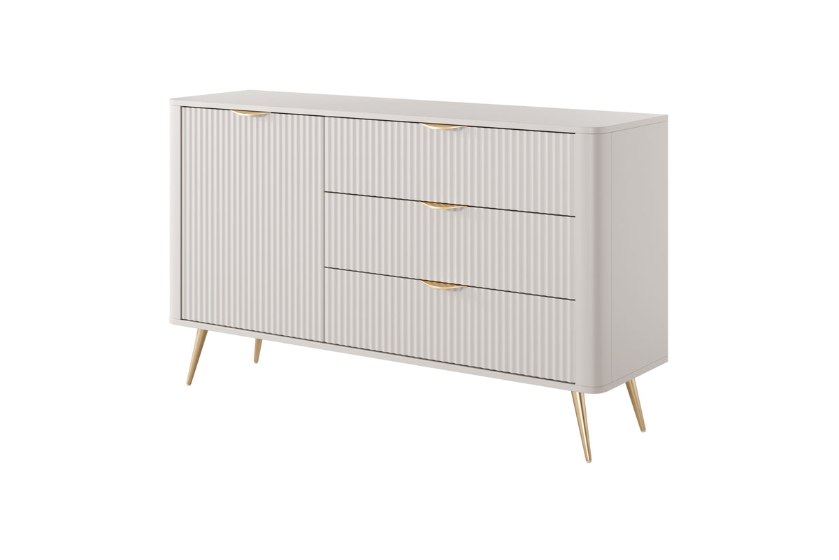 Beige sideboard cabinet with ribbed doors and two drawers, brushed gold handles, tapered legs