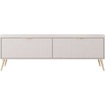 Beige TV cabinet with two ribbed doors and gold-tone tapered legs
