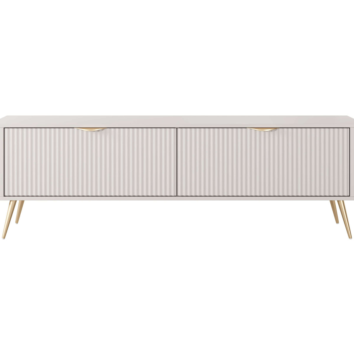 Beige TV cabinet with two ribbed doors and gold-tone tapered legs