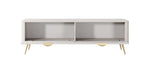 Beige TV cabinet with open center storage and gold-tone tapered legs