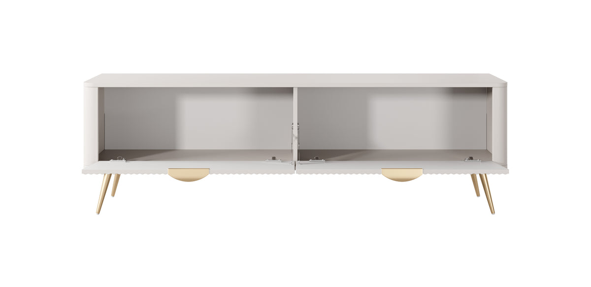 Beige TV cabinet with open center storage and gold-tone tapered legs