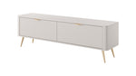 Beige TV cabinet with ribbed front panel and gold-tone tapered legs