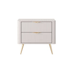 Beige bedside table with two drawers, ribbed fronts, curved handles, tapered legs