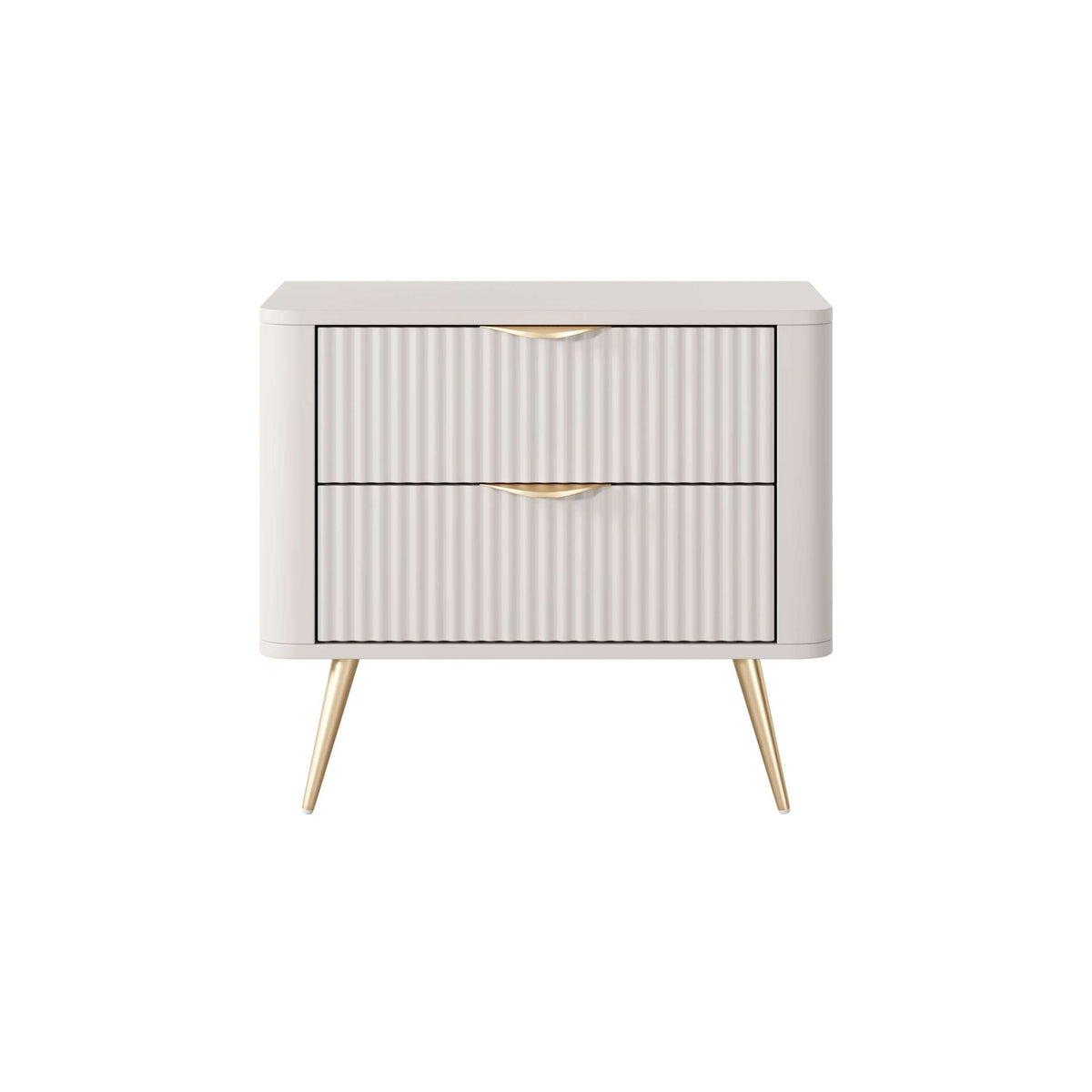 Beige bedside table with two drawers, ribbed fronts, curved handles, tapered legs