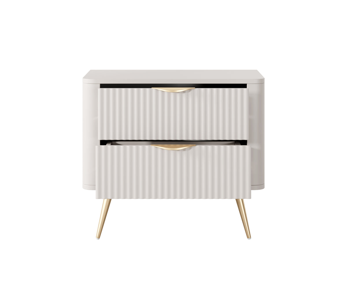 Beige bedside table with two ribbed drawer fronts and curved handles, slim gold legs
