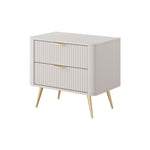 Beige bedside table with ribbed cabinet panels, two drawers, curved handle details