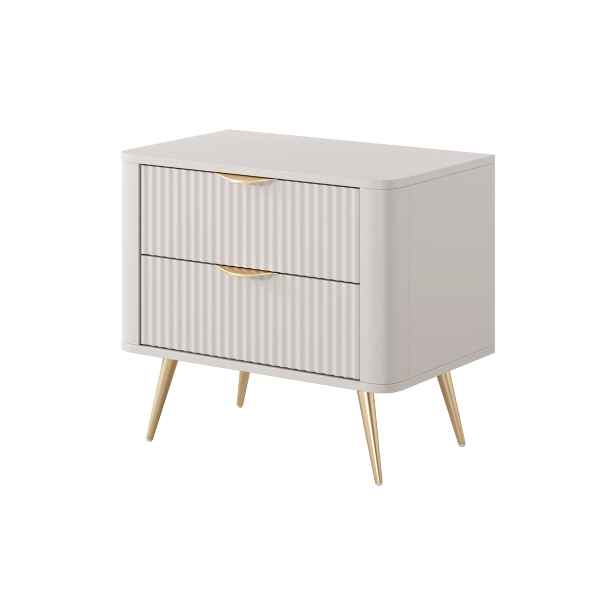 Beige bedside table with ribbed cabinet panels, two drawers, curved handle details