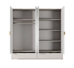 Light cream wardrobe with open doors showing interior shelves