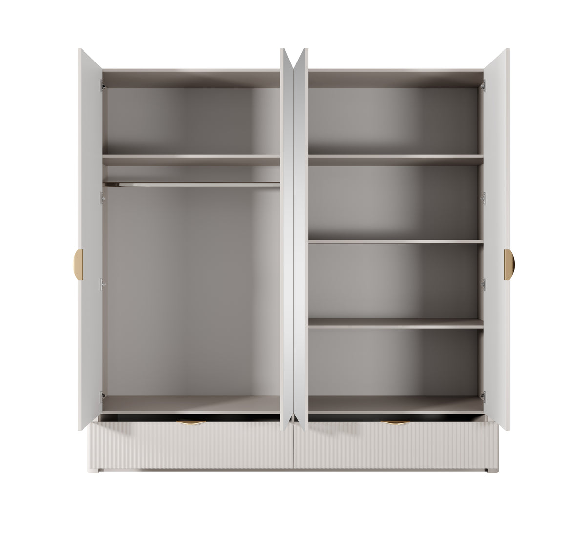 Light cream wardrobe with open doors showing interior shelves