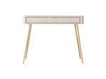 Beige dressing table with ribbed front drawer panel and slim tapered wooden legs