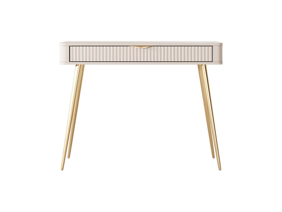 Beige dressing table with ribbed front drawer panel and slim tapered wooden legs