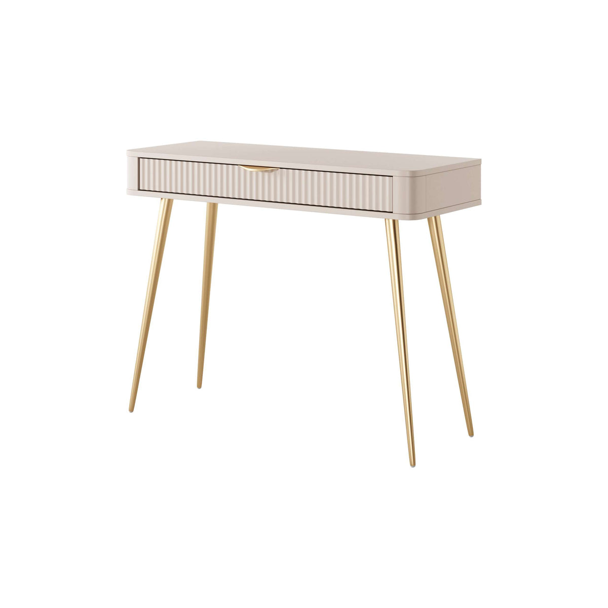 Beige dressing desk with ribbed drawer front and brass-tone tapered legs