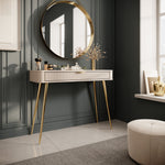Beige dressing table with ribbed drawer front and gold-tone tapered legs