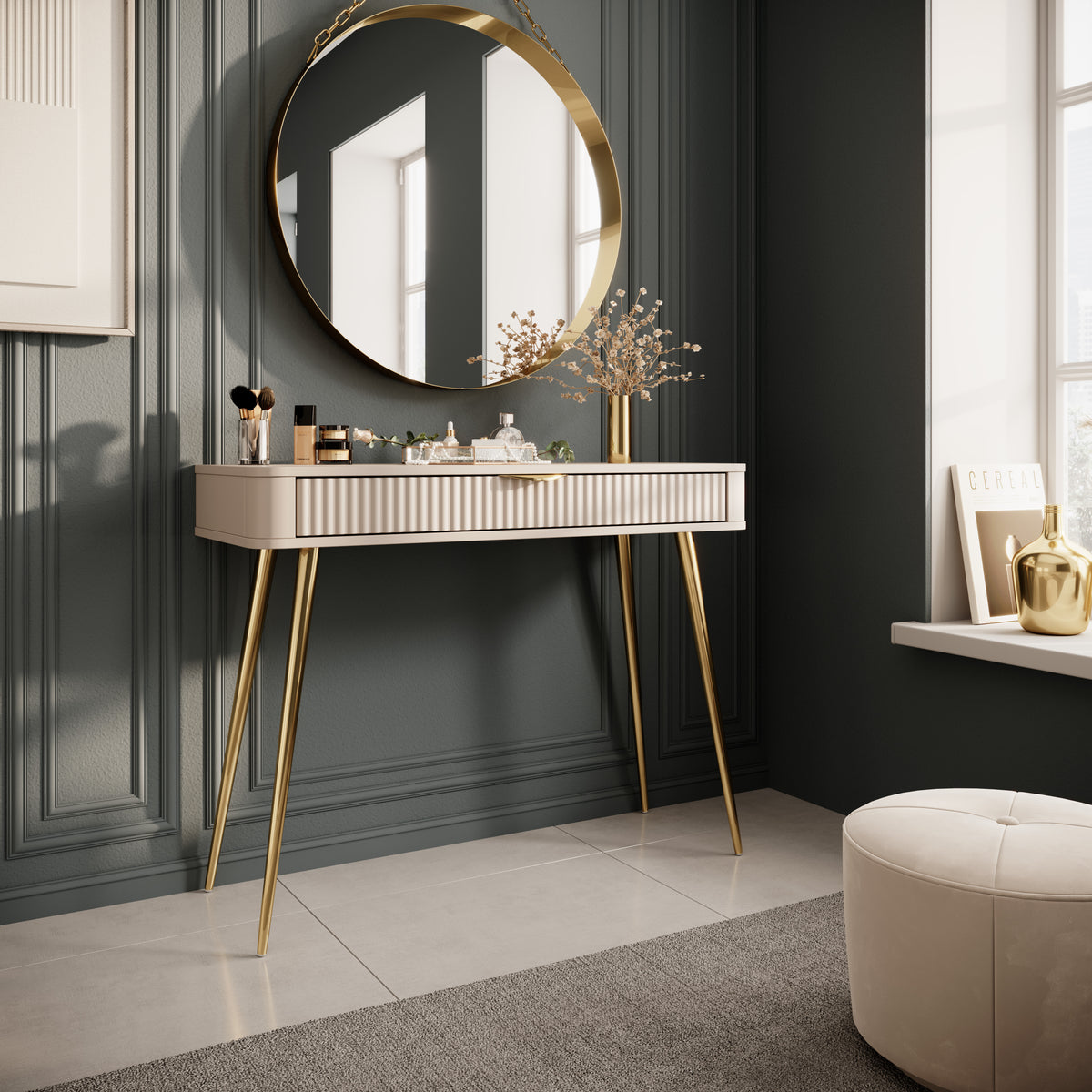 Beige dressing table with ribbed drawer front and gold-tone tapered legs