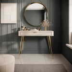 Beige dressing table console with ribbed drawer front and gold-tone tapered legs