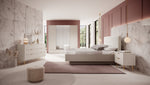 Light cream wardrobe with double doors in a modern bedroom