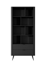 Black bookcase with open cubby shelves and ribbed lower cabinet doors