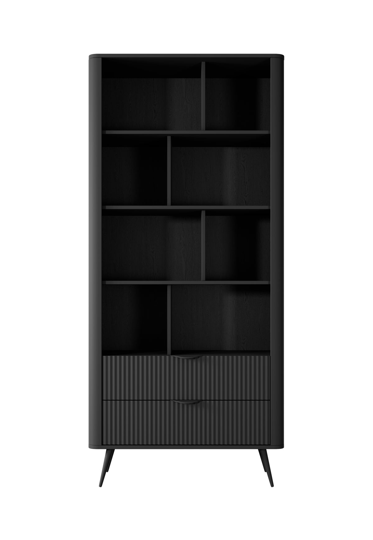 Black bookcase with open cubby shelves and ribbed lower cabinet doors