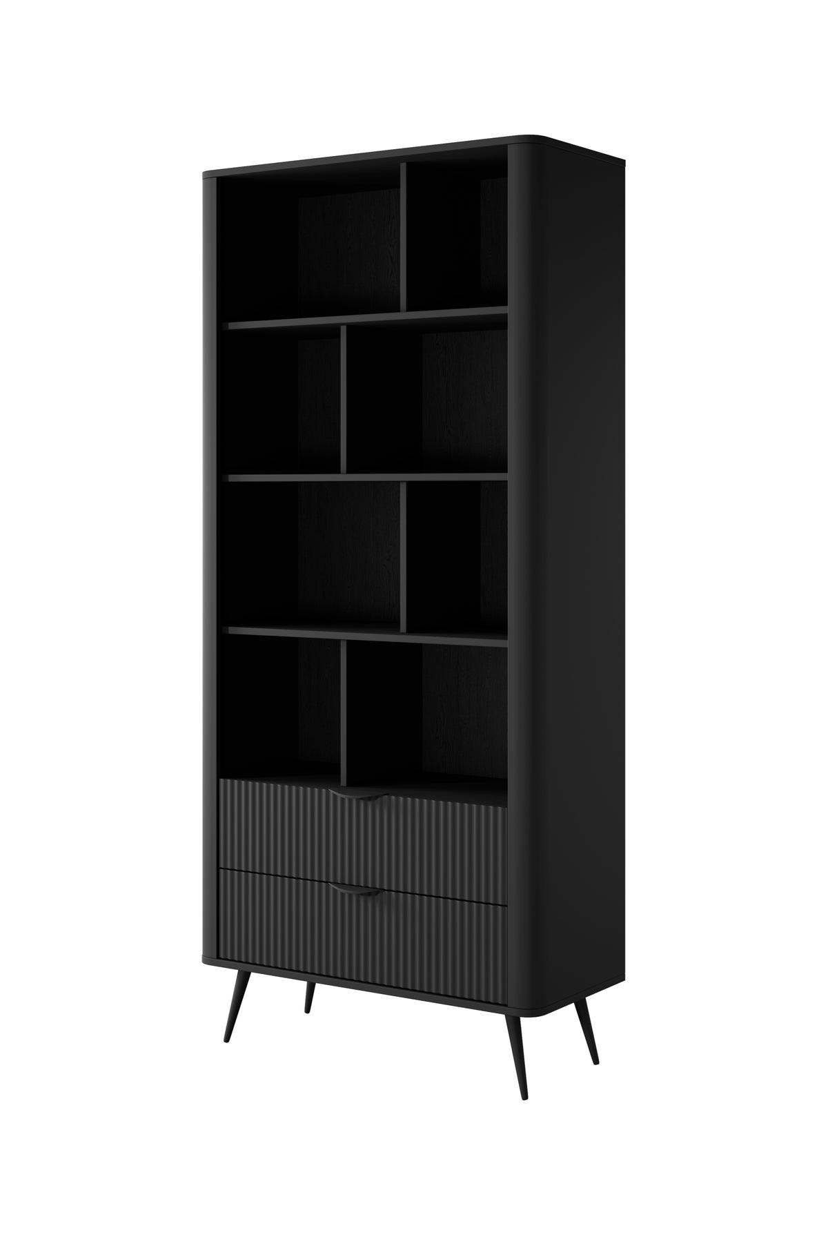 Black tall bookcase with open storage and ribbed drawer-style lower cabinet