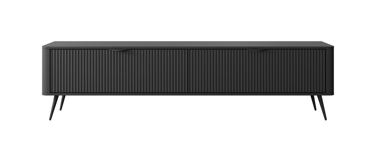 Black TV cabinet with ribbed drawer front and slim tapered legs
