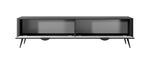 Black TV cabinet with open center shelf and ribbed drawer fronts