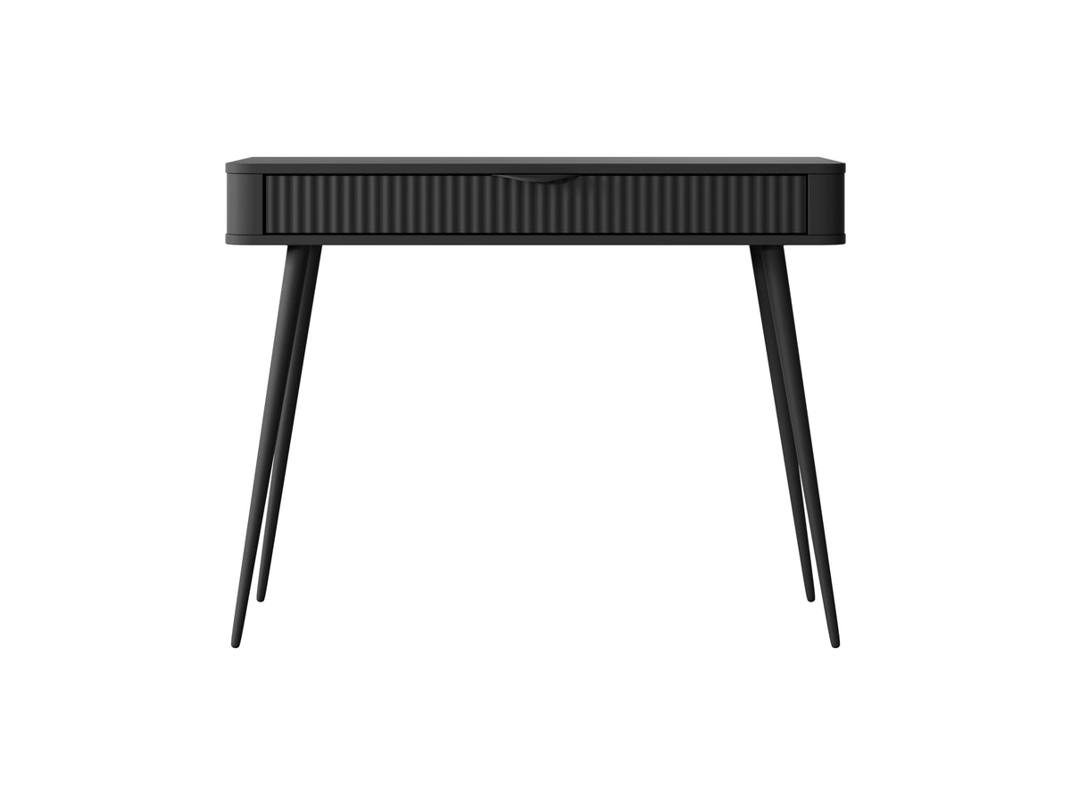 Black dressing table with ribbed drawer front and slim tapered wooden legs