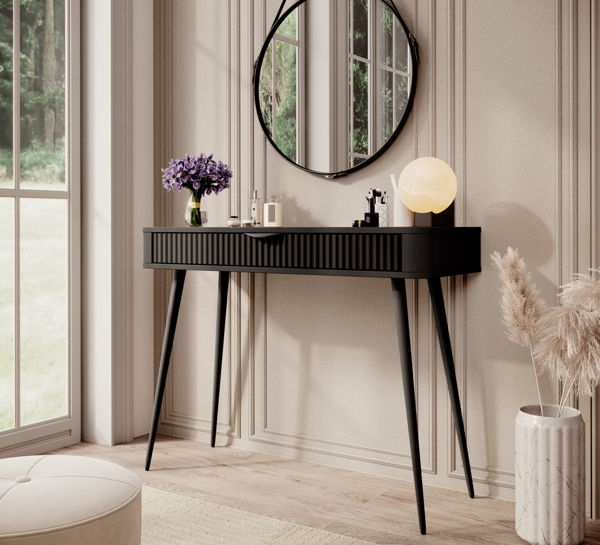Black dressing table with ribbed drawer front and tapered wooden legs