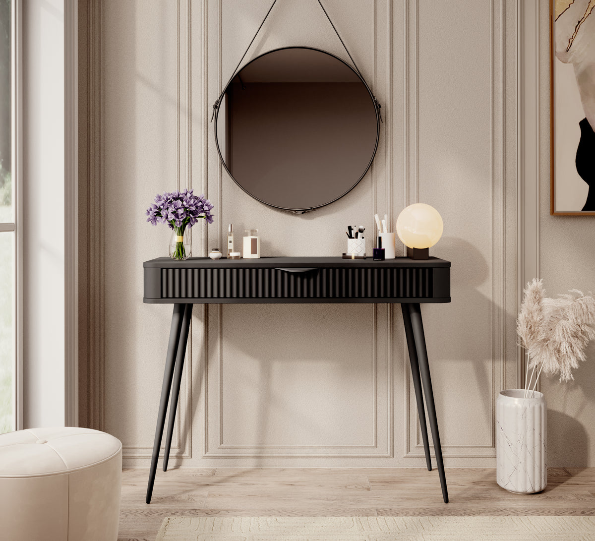 Black dressing desk console with ribbed drawer front and slim tapered legs