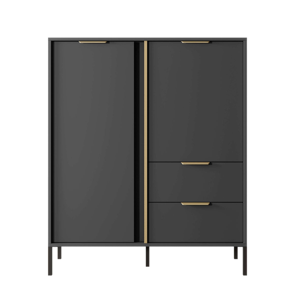 Dark Gala highboard with two doors, two drawers, gold bar handles, four legs