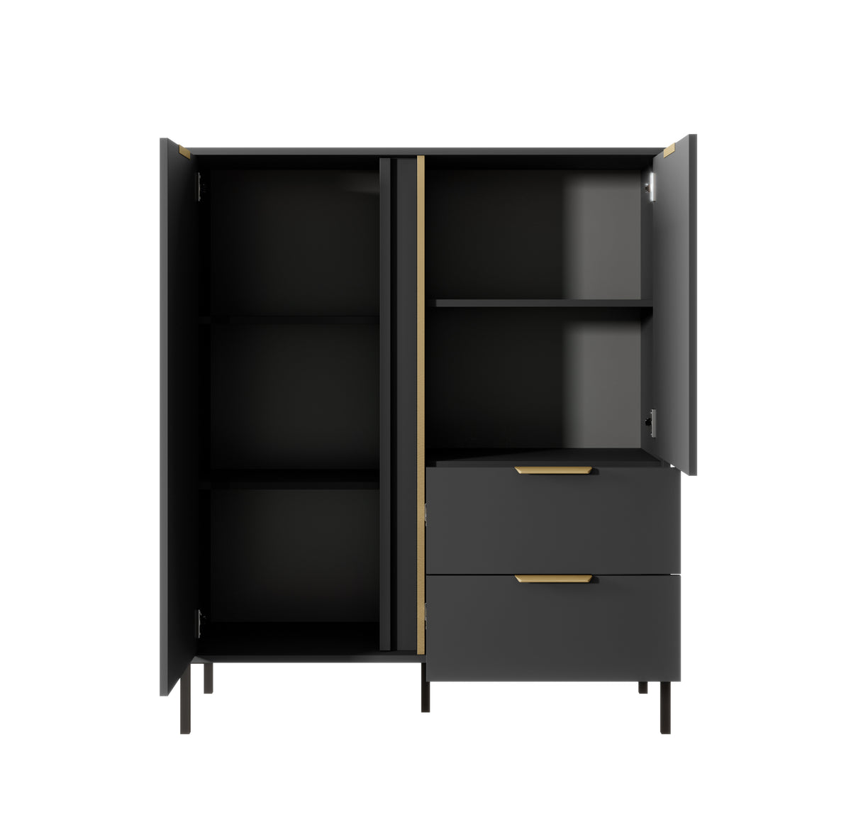 Gala highboard with open doors showing shelves, two drawers, and gold bar handles