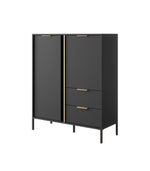Gala highboard with two-panel doors, two drawers, and gold bar handles on legs
