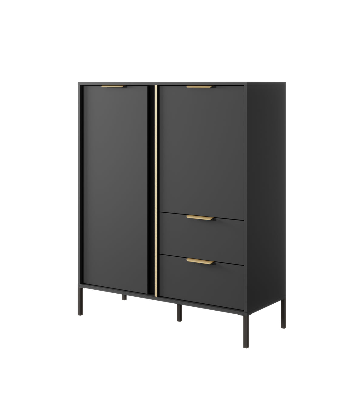 Gala highboard with two-panel doors, two drawers, and gold bar handles on legs